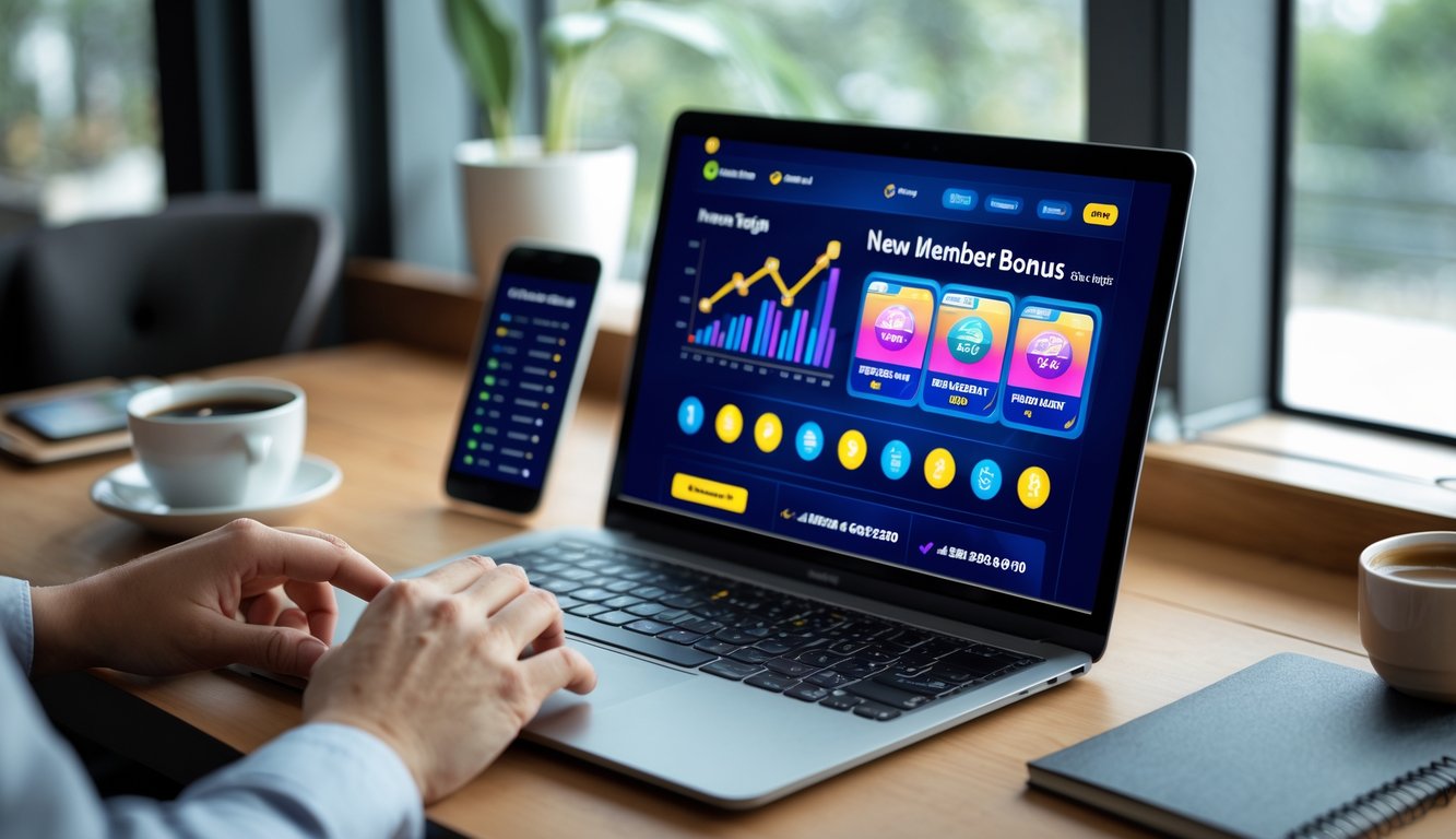 Seorang pengguna sedang menggunakan laptop dengan tampilan situs togel online di meja kerja yang rapi.