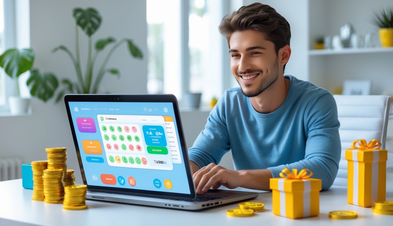 Seorang pria muda tersenyum duduk di meja dengan laptop di ruang kerja rumah yang terang, menunjukkan suasana positif dan profesional terkait platform togel online.