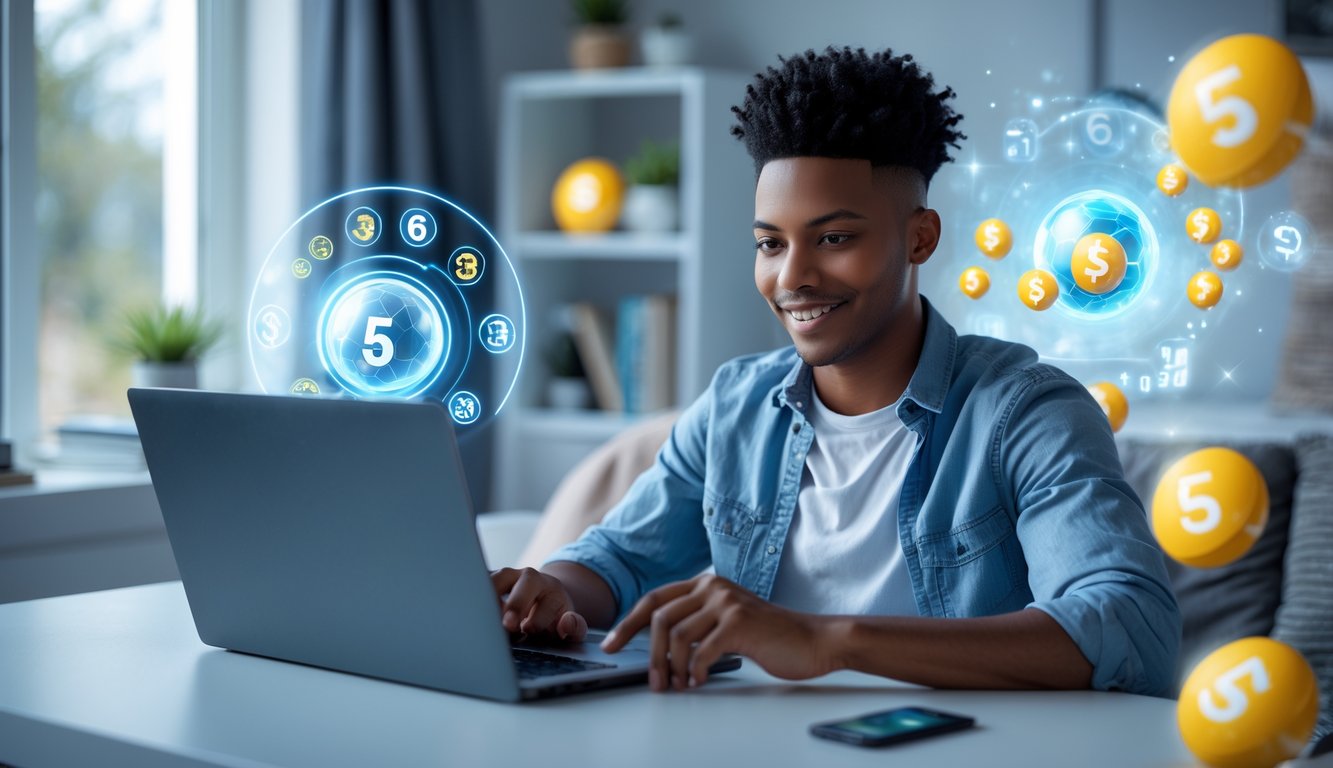 Seseorang menggunakan laptop di ruang tamu modern dengan tampilan layar yang menunjukkan elemen lotere online dan bonus anggota baru.