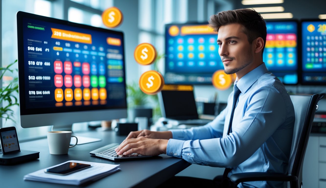 Seorang pria muda duduk di meja kantor modern menggunakan laptop dengan layar menampilkan grafik dan angka terkait togel online.
