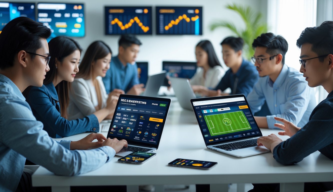 Sekelompok orang muda menggunakan perangkat digital untuk taruhan olahraga online di ruang kerja modern.