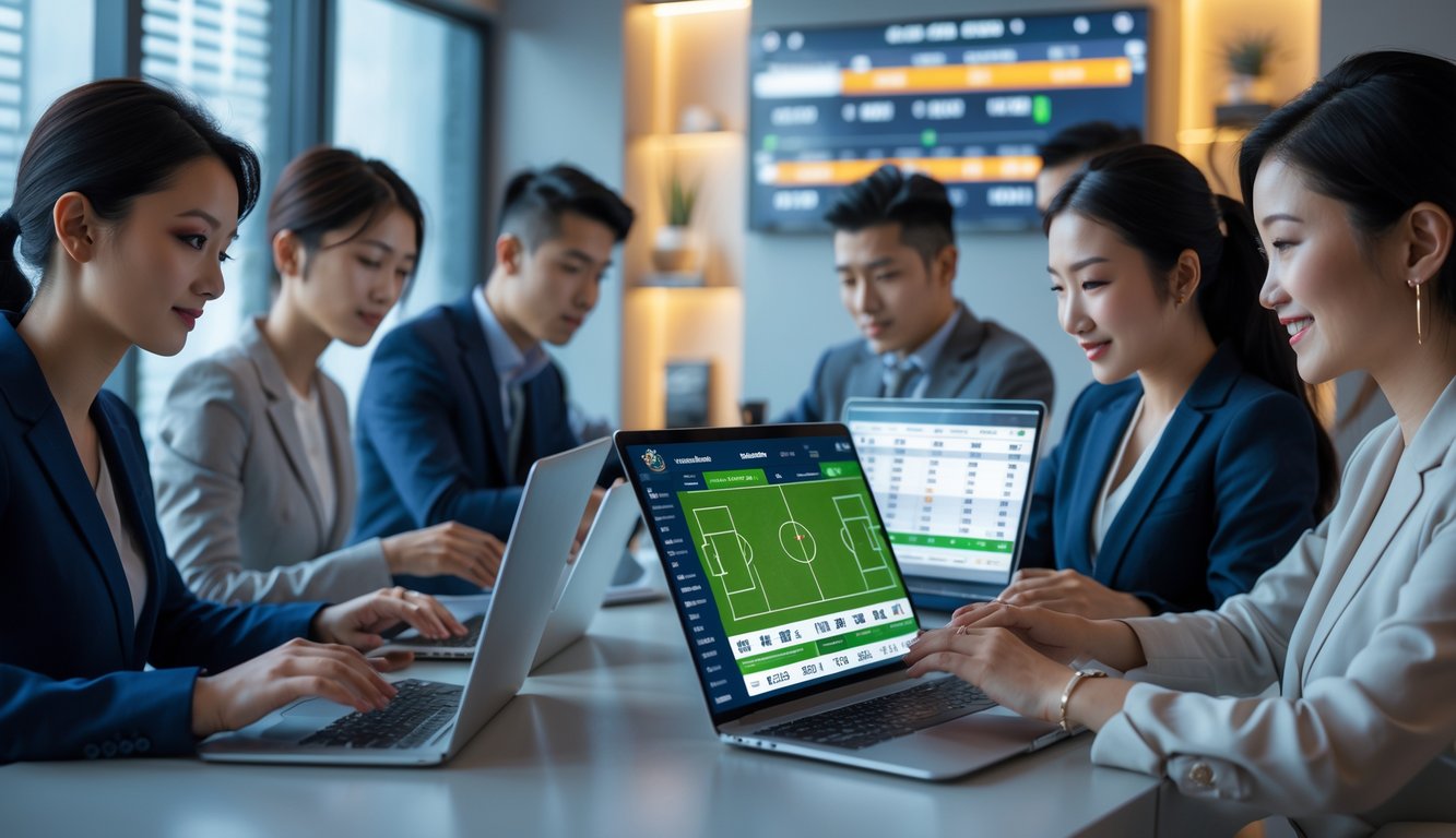 Beberapa orang sedang menggunakan perangkat digital untuk memasang taruhan bola online di lingkungan modern dan nyaman.