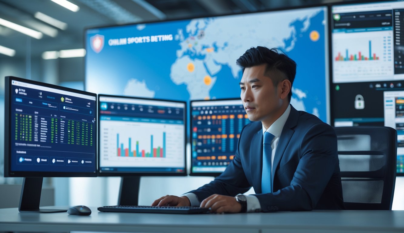 Seorang pria Asia duduk di meja modern dengan beberapa layar komputer yang menampilkan data taruhan olahraga online, di sebuah kantor yang terang dan profesional.