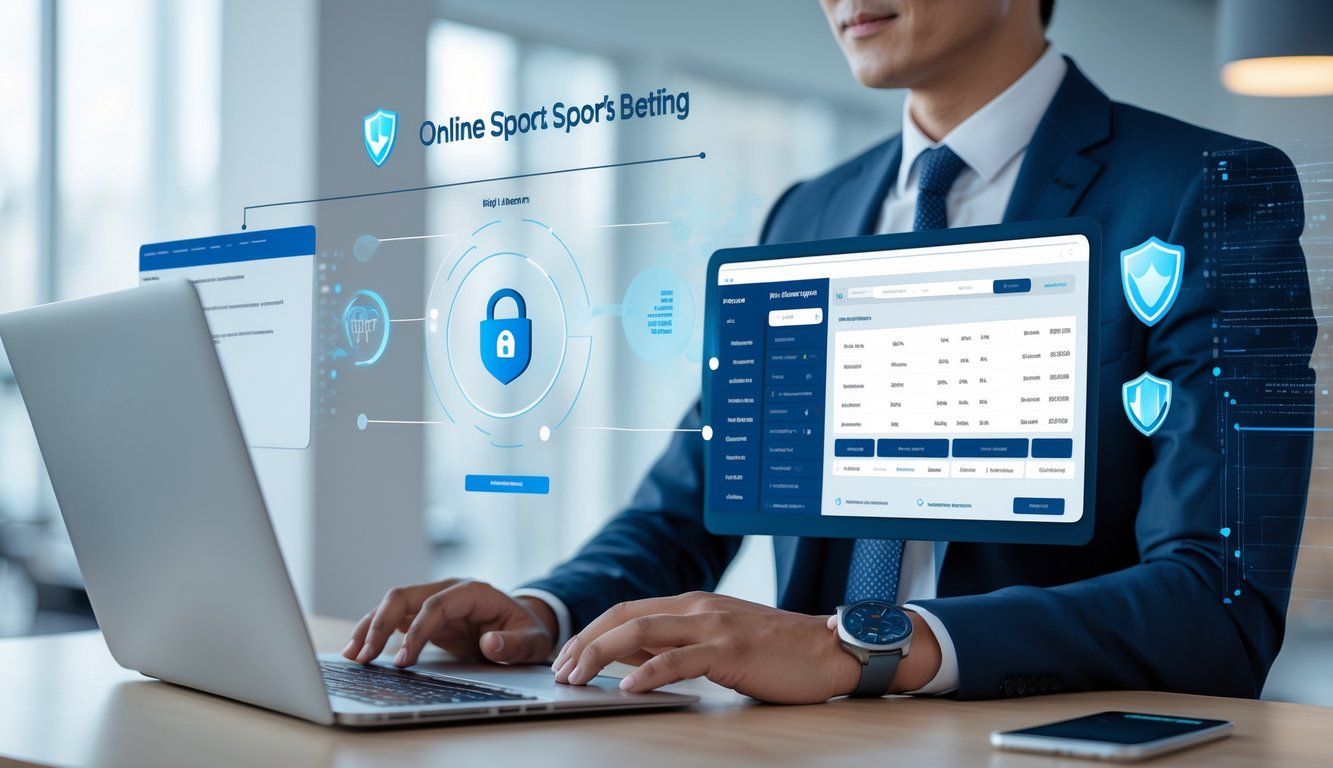 Seorang pria Asia menggunakan laptop dan ponsel di ruang kantor modern dengan tampilan platform taruhan sepak bola online yang aman.