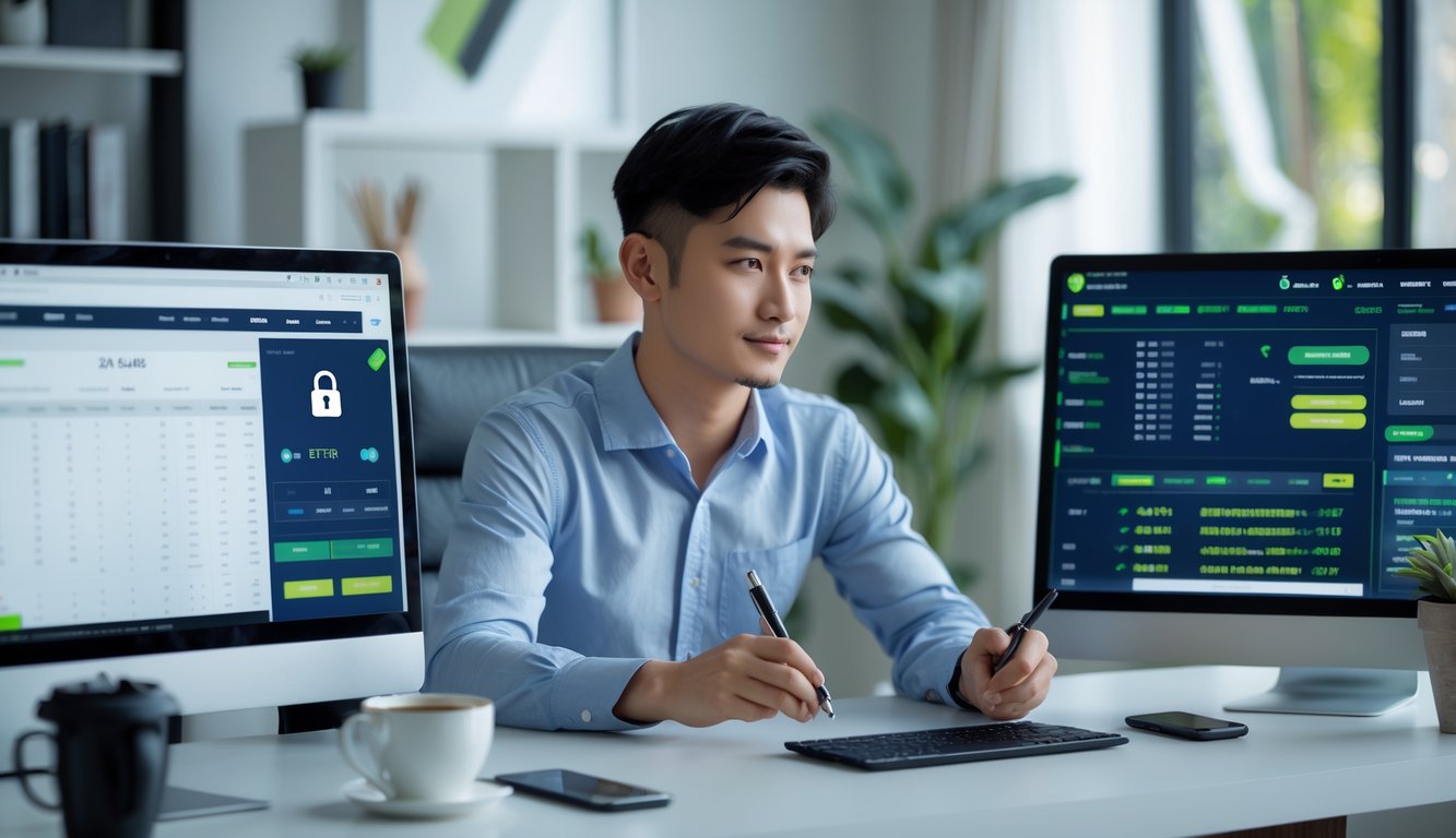 Seorang pria muda Asia Tenggara duduk di meja dengan beberapa layar komputer yang menampilkan antarmuka taruhan olahraga online, terlihat fokus dan serius.