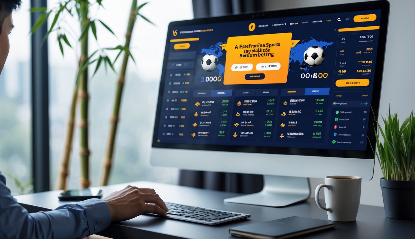 Seorang pria duduk di depan komputer dengan tampilan situs taruhan bola online terpercaya, di meja terdapat ponsel, buku catatan, dan secangkir kopi, dengan dekorasi ruangan yang sederhana dan tanaman bambu.