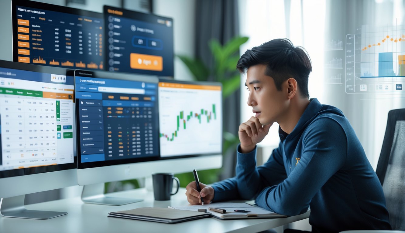 Seorang pria Asia duduk di meja kerja dengan beberapa layar komputer menampilkan data taruhan bola online, sedang fokus menganalisis informasi.