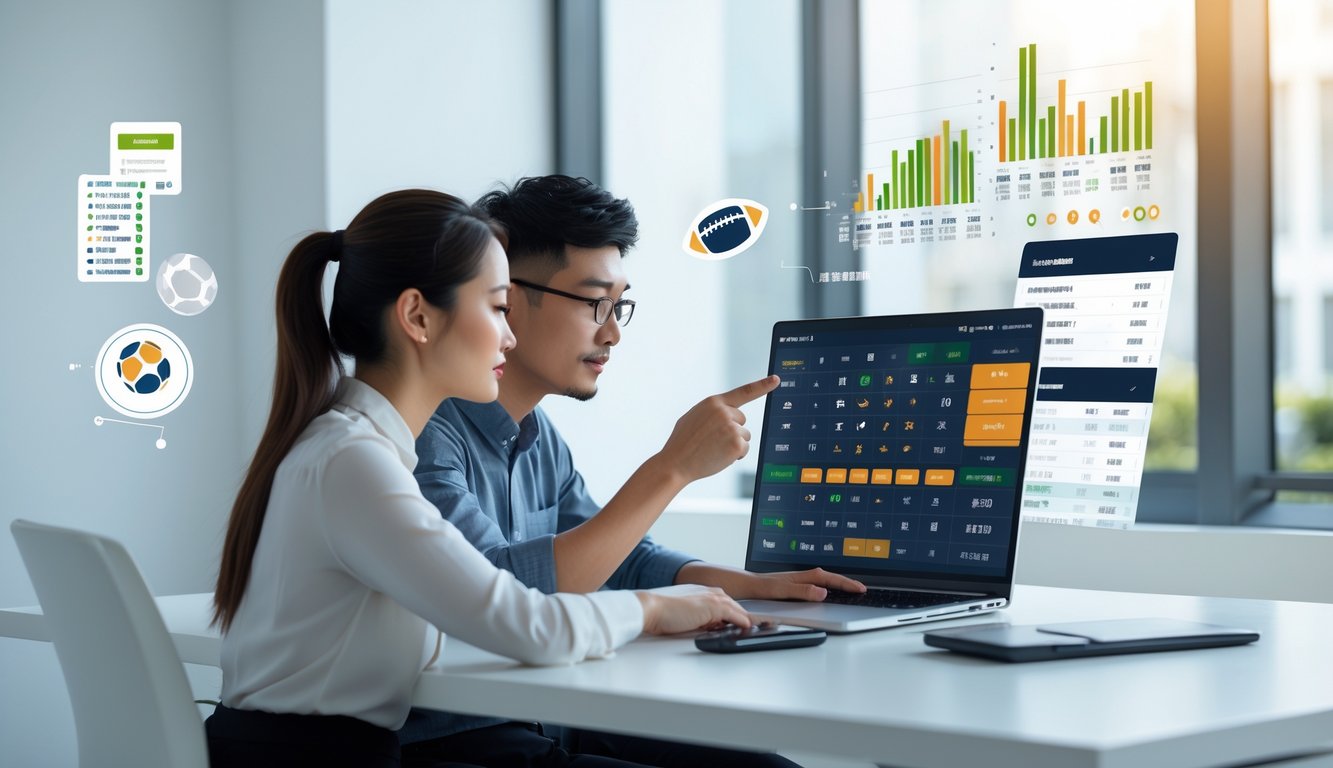 Seorang pria dan wanita Asia duduk di depan laptop, fokus membahas taruhan olahraga online dengan latar kantor modern.