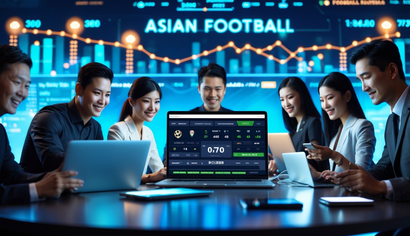 Orang-orang menggunakan perangkat digital untuk taruhan sepak bola online dengan latar belakang antarmuka modern dan grafik taruhan.
