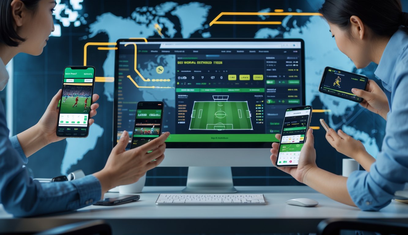 Orang-orang Asia menggunakan perangkat digital untuk taruhan sepak bola online di meja kerja dengan layar komputer besar menampilkan statistik dan peluang taruhan.