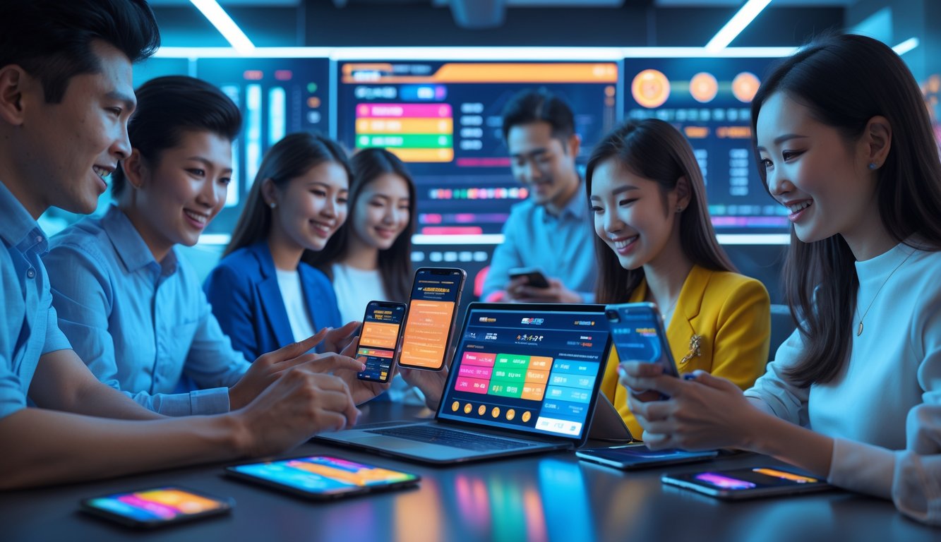 Sekelompok orang Asia muda menggunakan perangkat digital untuk taruhan bola online dengan latar kantor modern dan grafik terkait sepak bola.