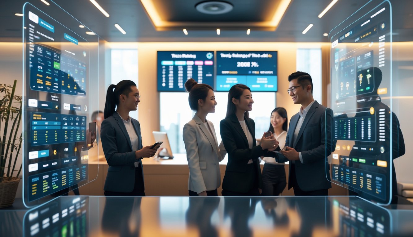 Sekelompok orang Asia sedang menggunakan layar digital besar untuk melihat statistik olahraga dan peluang taruhan dalam suasana kantor modern.