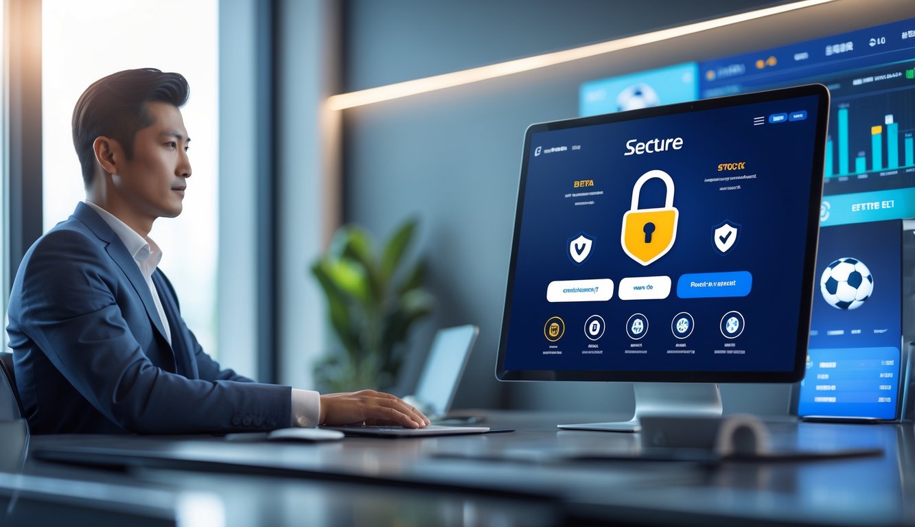 Seorang pria Asia duduk di depan laptop di kantor modern, fokus pada layar yang menunjukkan platform taruhan bola online yang aman.