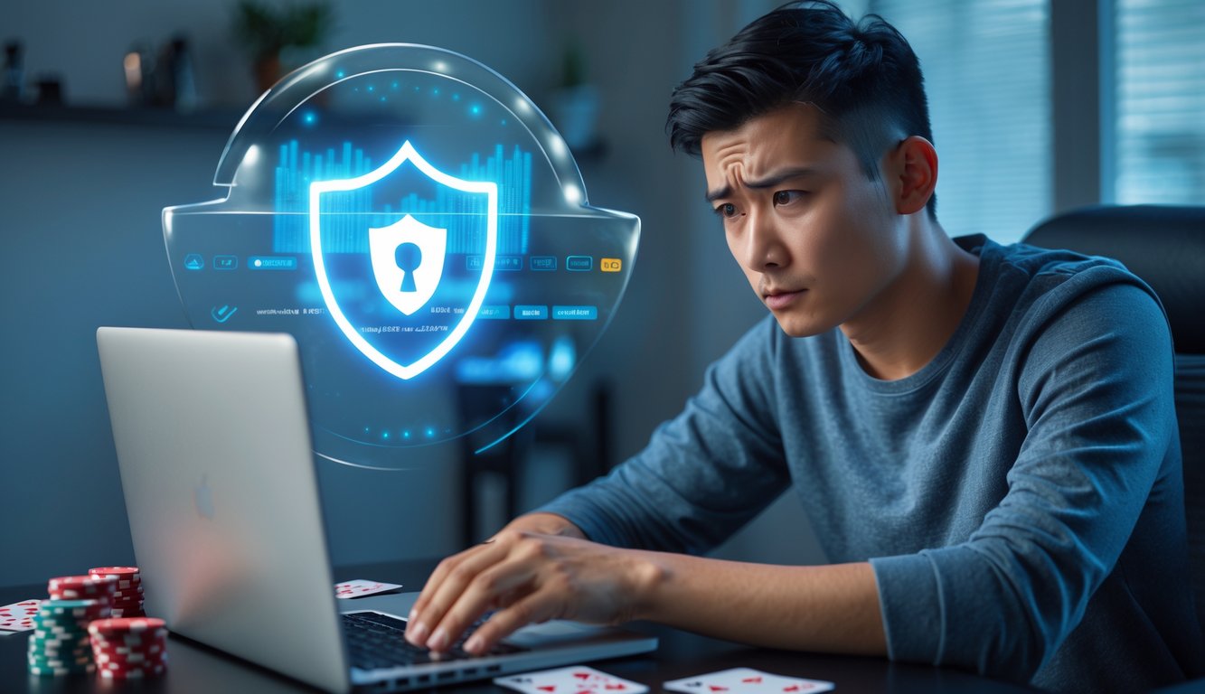 Seorang pria muda duduk di depan laptop dengan ekspresi cemas, dikelilingi kartu dan chip judi, dengan latar belakang simbol perisai keamanan digital.