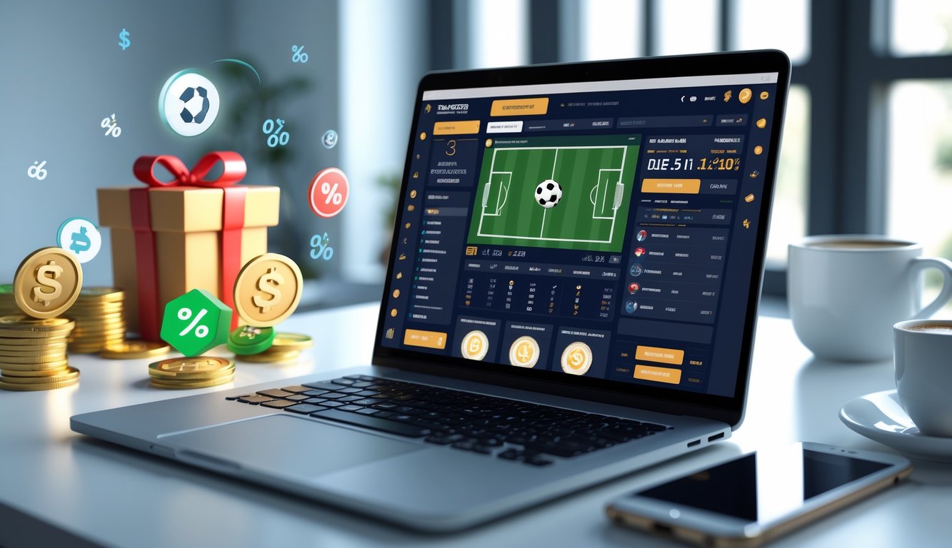 Seorang pria menggunakan laptop di meja kerja dengan tampilan situs taruhan sepak bola online dan elemen simbol bonus di sekitarnya.