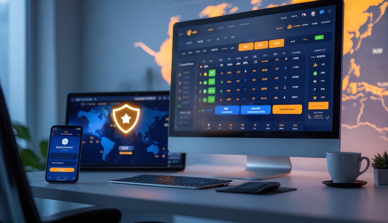 Meja kerja modern dengan komputer yang menampilkan platform taruhan olahraga online, peta Asia di latar belakang, dan suasana yang profesional dan terpercaya.