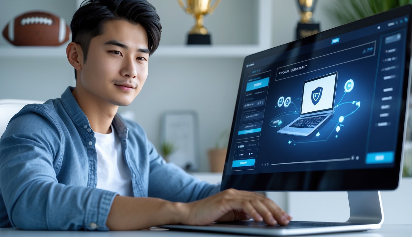Seorang pria muda Asia duduk di meja dengan laptop, tampak fokus menggunakan platform taruhan bola online di ruang kerja modern.