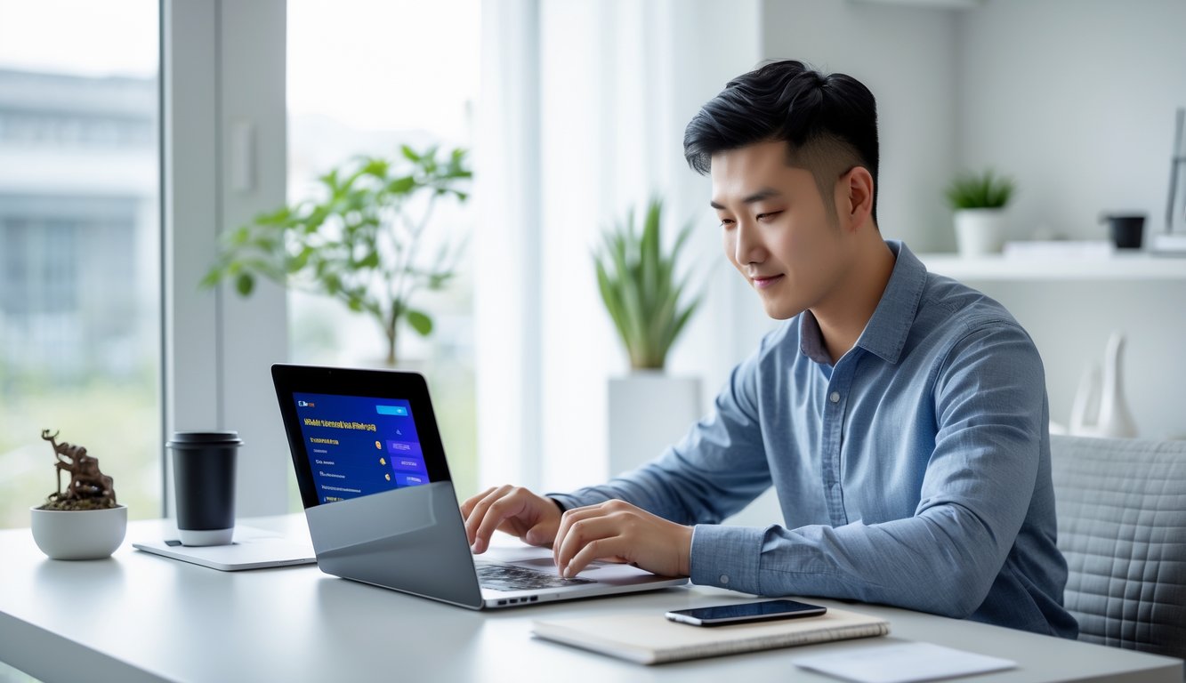 Seorang pria muda duduk di meja dengan laptop, fokus membuka akun taruhan bola online di ruangan yang terang dan rapi.