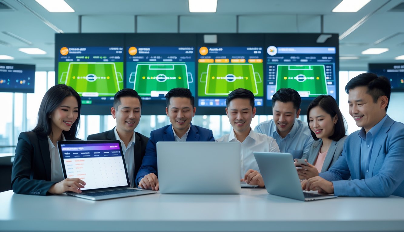 Beberapa orang menggunakan perangkat digital untuk melihat pertandingan sepak bola dan data taruhan di ruangan modern yang terang.