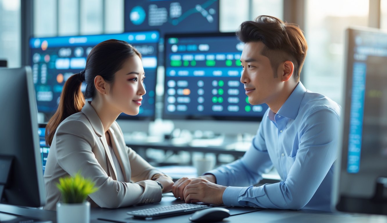 Seorang pria dan wanita Asia di kantor modern sedang melihat layar komputer dengan data taruhan olahraga digital.