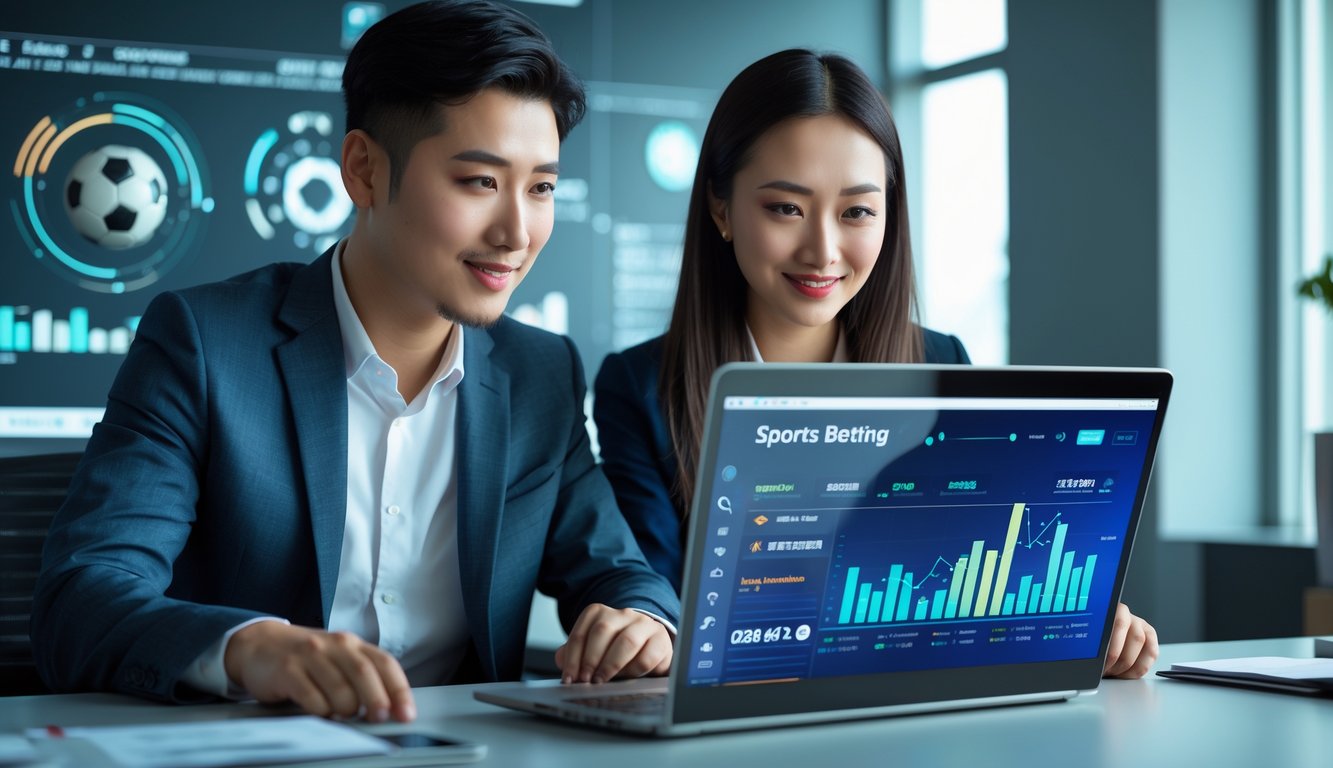 Seorang pria dan wanita Asia duduk di meja kantor modern, fokus melihat layar laptop yang menampilkan antarmuka taruhan olahraga digital.
