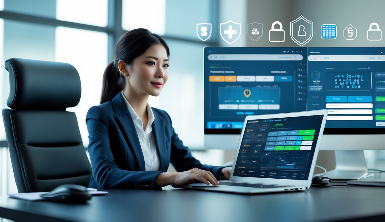 Seorang wanita Asia duduk di depan laptop di kantor modern dengan layar digital yang menampilkan platform taruhan online yang aman.