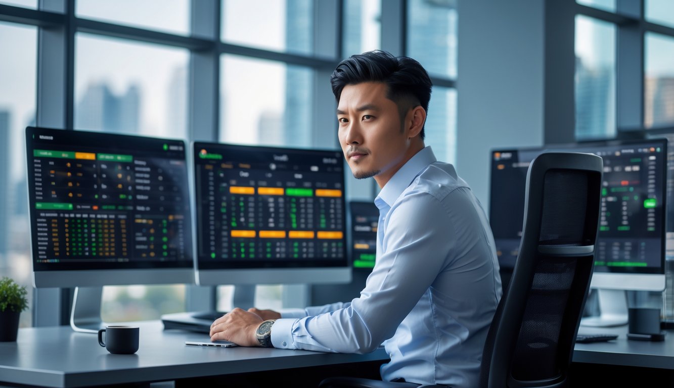 Seorang pria Asia duduk di meja dengan beberapa layar komputer yang menampilkan statistik taruhan olahraga dan pertandingan sepak bola langsung.