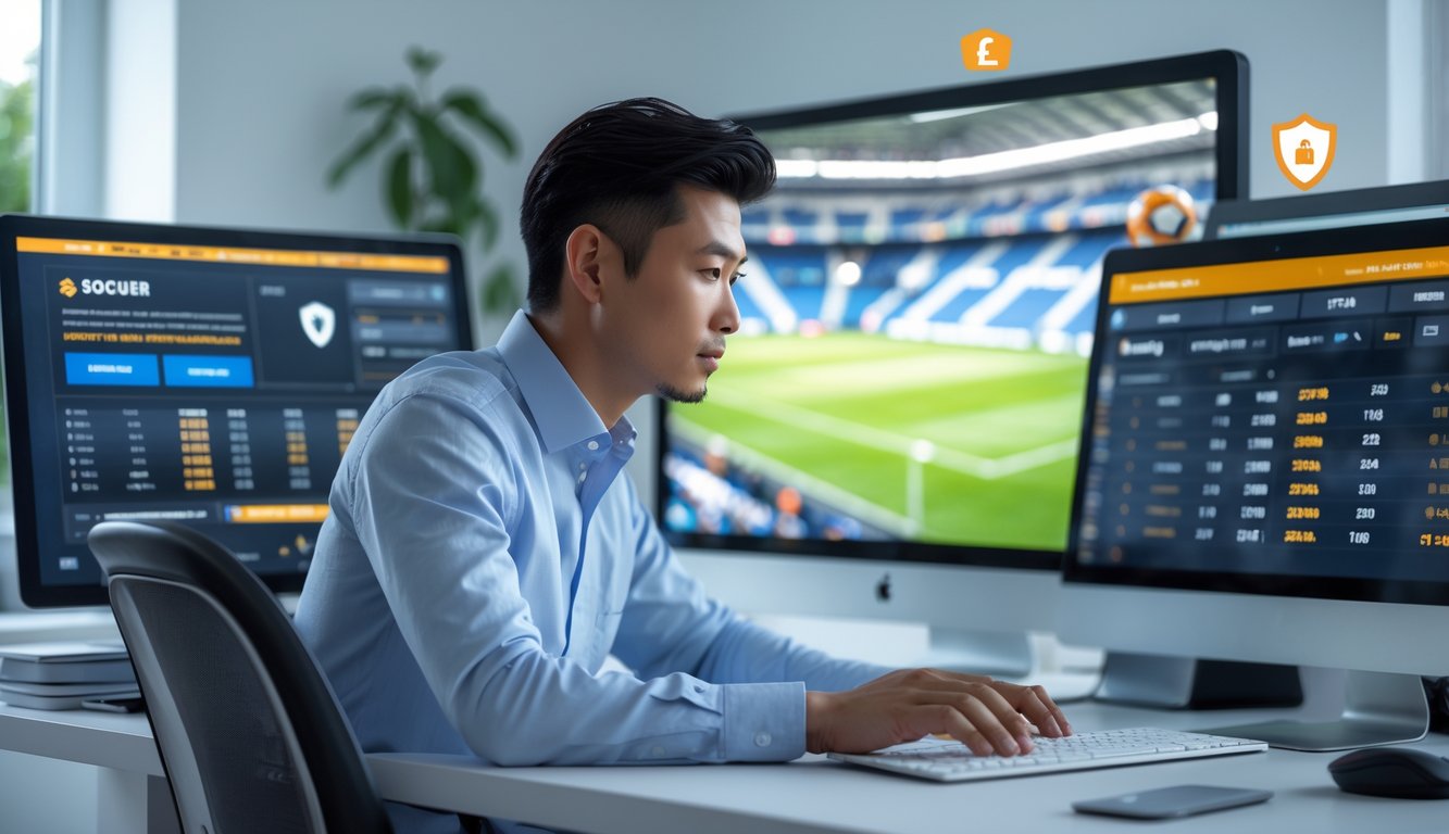 Seorang pria Asia duduk di meja dengan beberapa perangkat digital yang menampilkan platform taruhan bola online, terlihat fokus menganalisis data pertandingan sepak bola.
