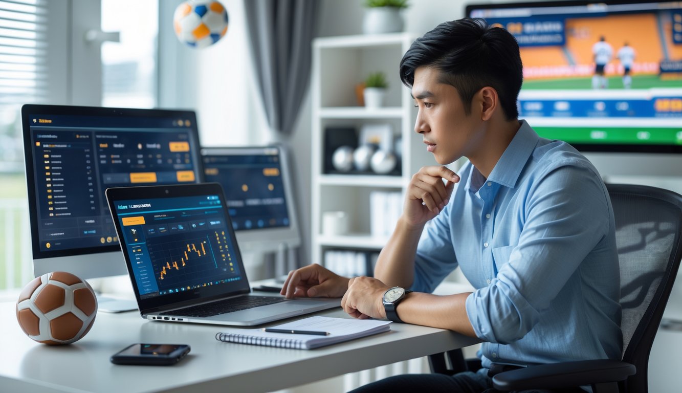 Seorang pria Asia duduk di meja dengan perangkat digital yang menampilkan data taruhan sepak bola online, sedang menganalisis dan mencatat strategi.