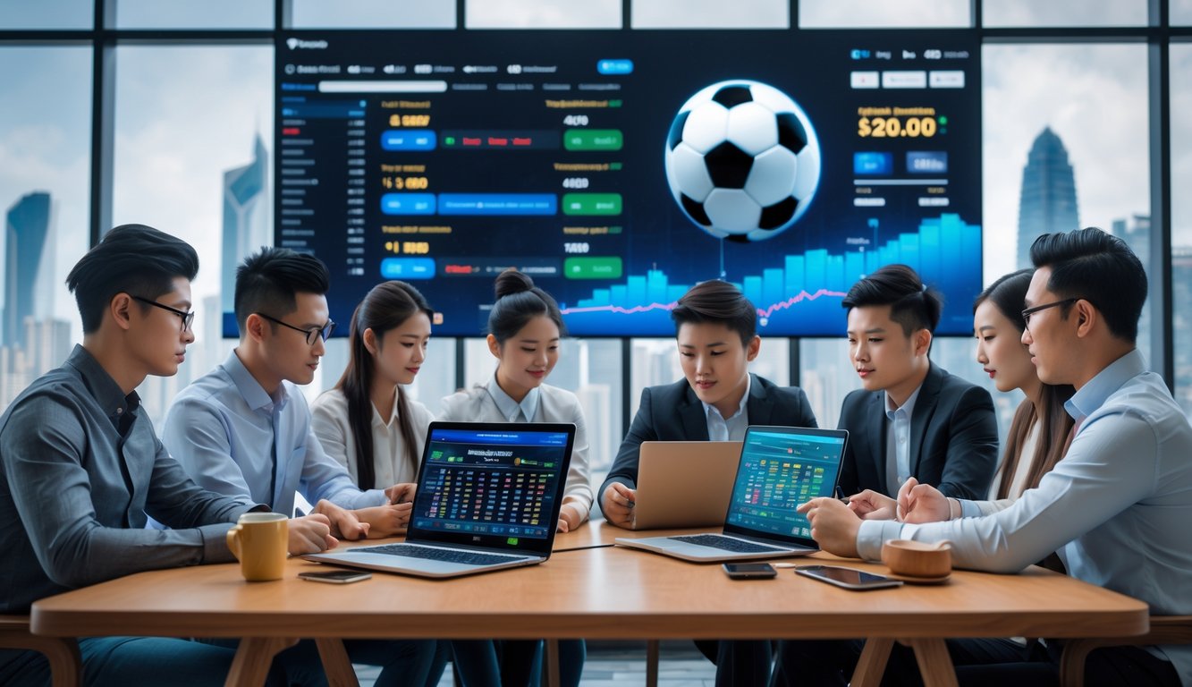 Sekelompok orang muda sedang duduk bersama dengan laptop dan ponsel, menganalisis data taruhan sepak bola online di sebuah ruangan modern.