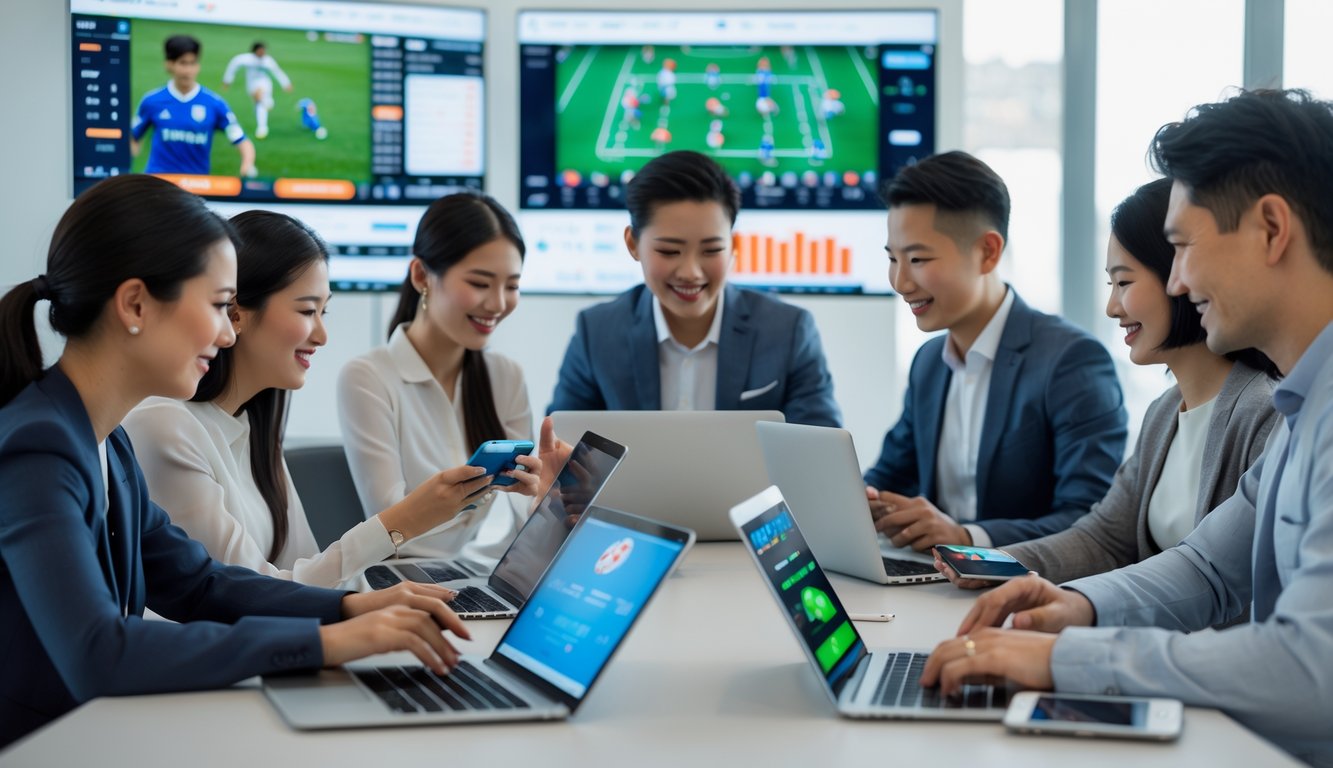 Beberapa orang Asia menggunakan perangkat digital untuk memasang taruhan bola secara online di lingkungan yang modern dan nyaman.