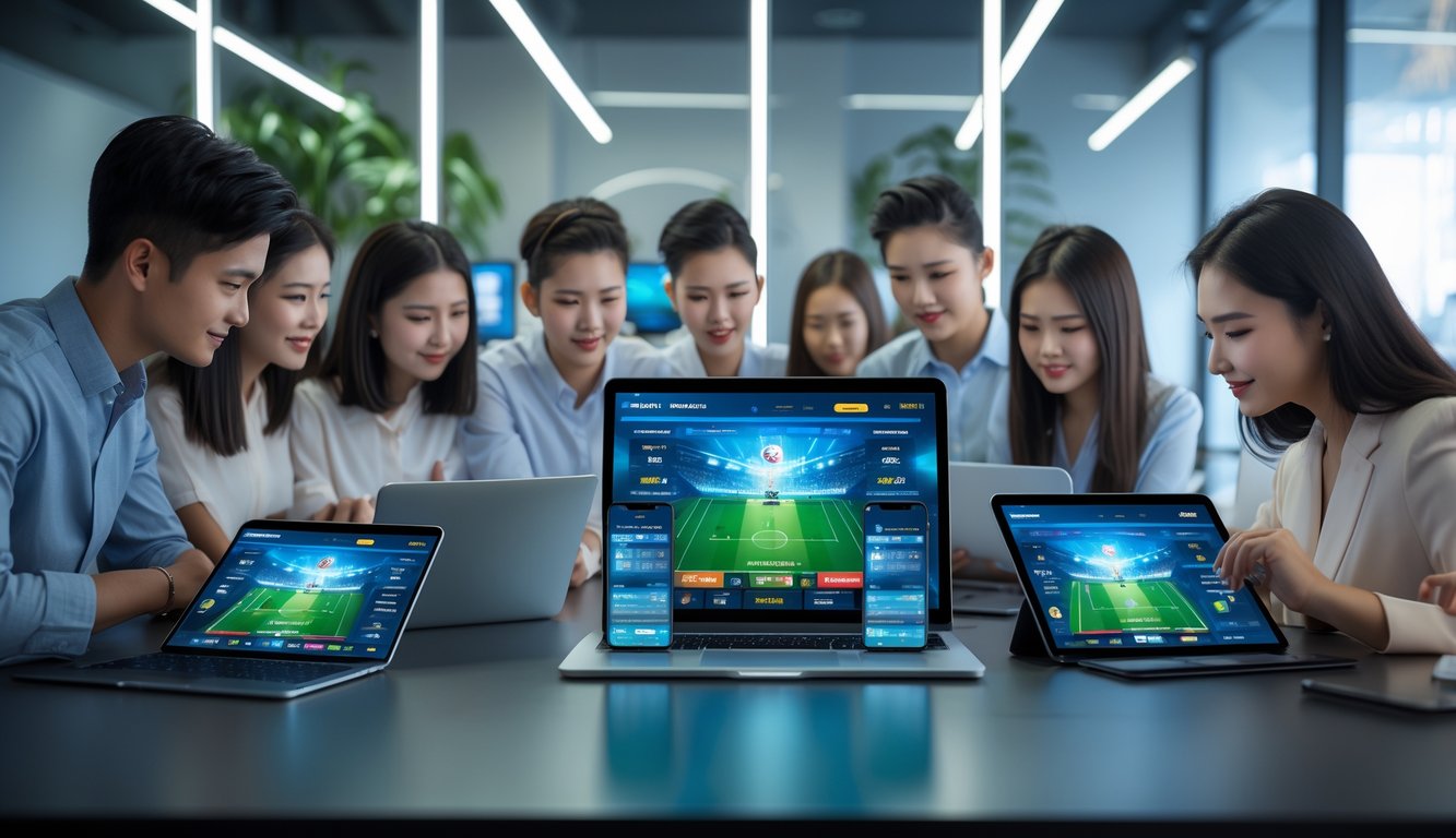 Sekelompok orang muda menggunakan perangkat digital untuk bertaruh pada pertandingan sepak bola secara online di sebuah ruang kantor modern.