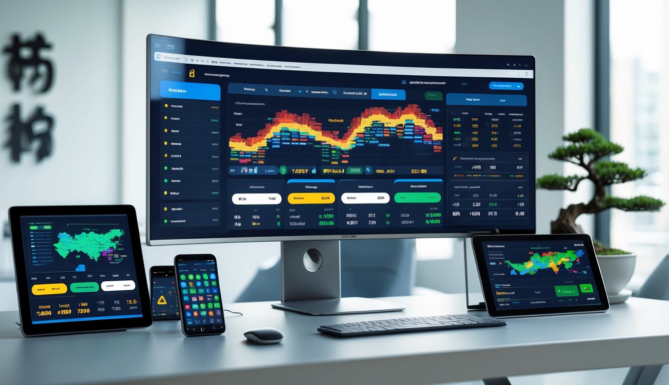Suasana ruang kerja modern dengan komputer dan perangkat digital menampilkan data pertandingan sepak bola secara visual.
