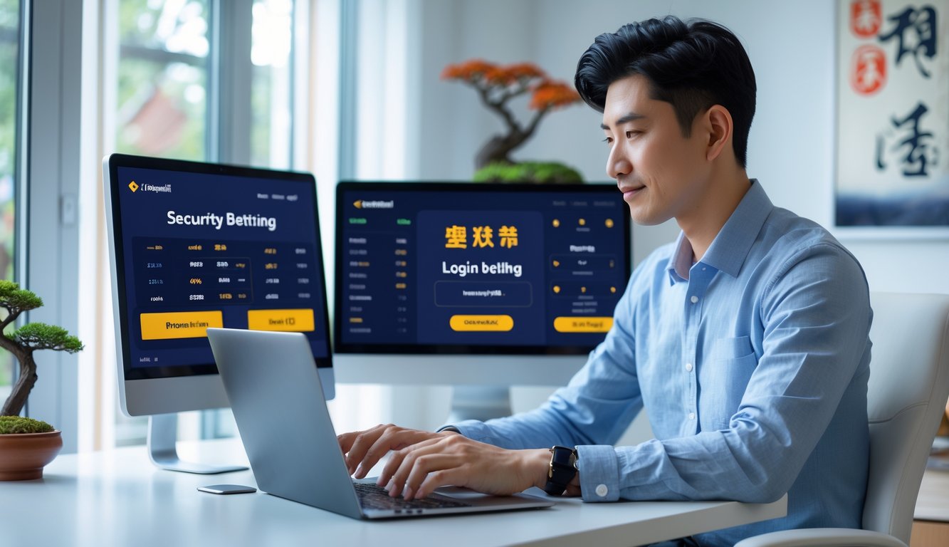 Seorang pria Asia duduk di meja kerja dengan beberapa layar komputer menampilkan data taruhan olahraga, menggunakan laptop dan ponsel di ruang kantor yang terang dan rapi.