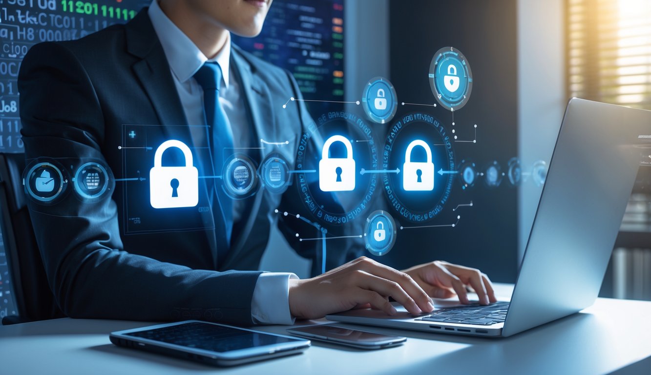 Seorang profesional Asia duduk di meja dengan laptop dan ponsel yang menampilkan simbol keamanan data, dikelilingi ikon taruhan dan simbol keamanan digital.