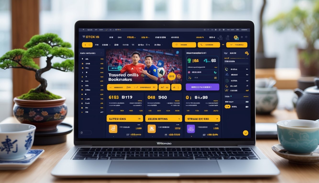 Seseorang menggunakan komputer dengan tampilan situs taruhan olahraga online yang menarik di meja kerja dengan dekorasi bertema Asia.