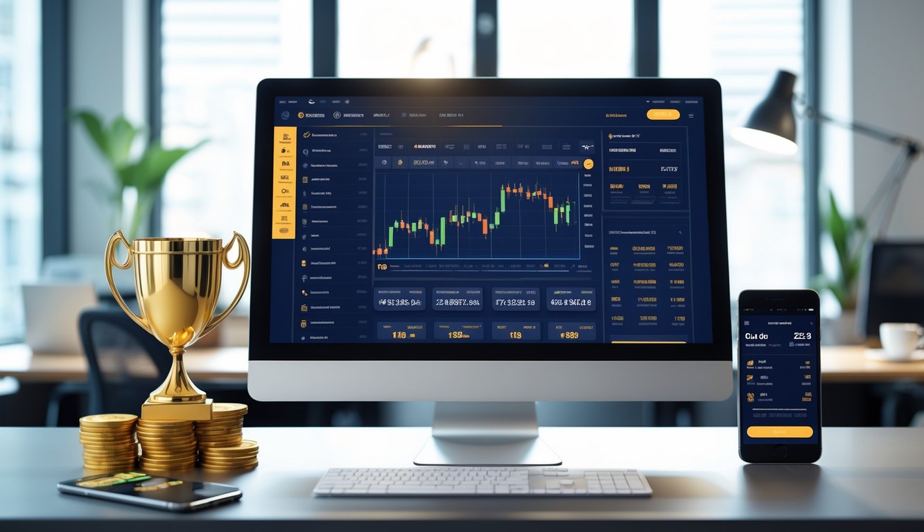 Sebuah ruang kerja modern dengan komputer menampilkan antarmuka taruhan olahraga online dan simbol kepercayaan seperti trofi dan perisai.