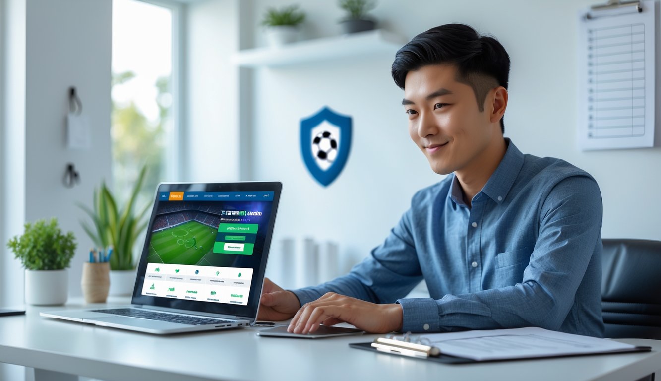 Seorang pria Asia muda duduk di meja dengan laptop, tampak fokus menggunakan situs taruhan bola online yang aman dan terpercaya.