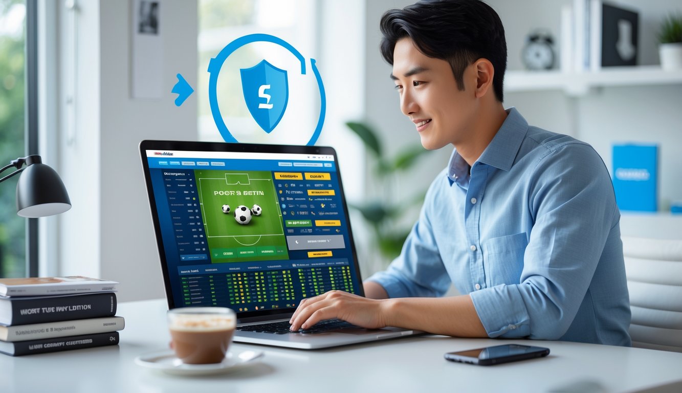 Seorang pria Asia muda duduk di meja dengan laptop yang menampilkan situs taruhan bola online, dalam ruangan kantor rumah yang terang dan rapi.
