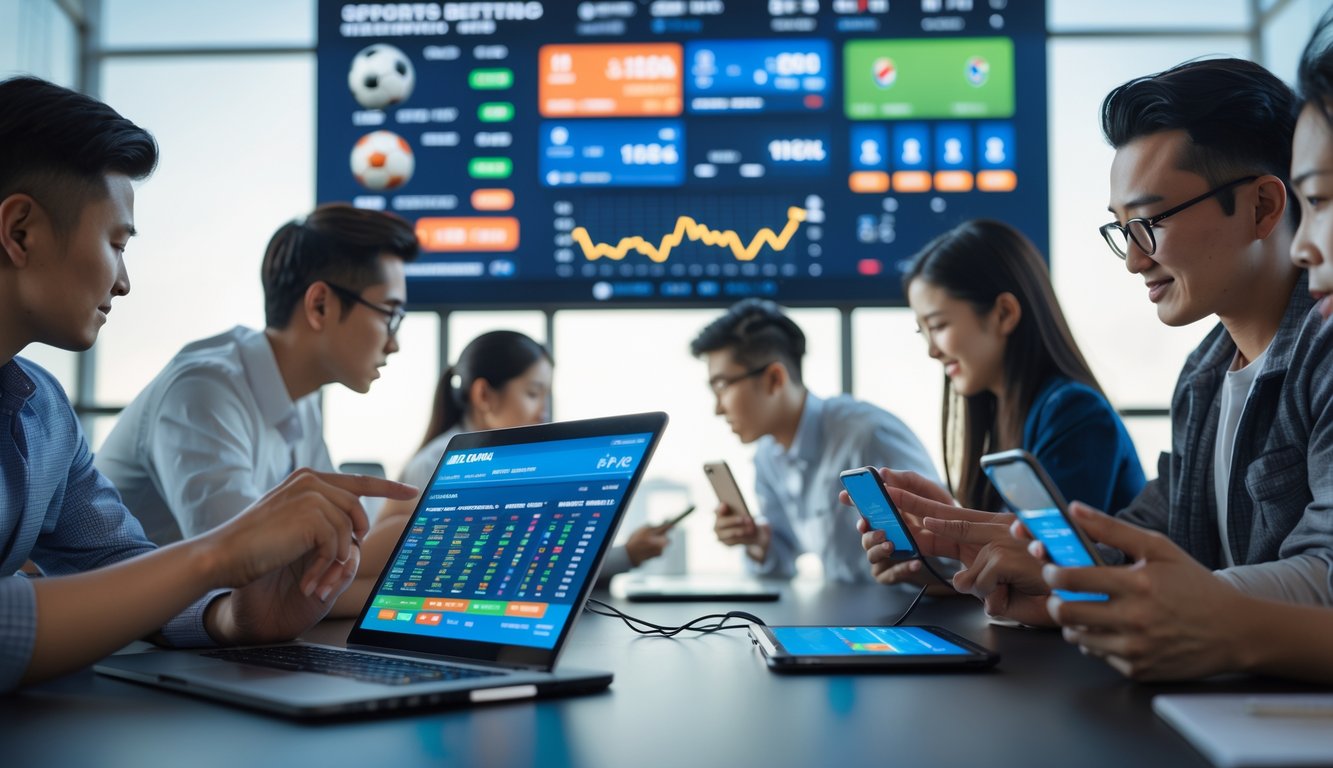 Orang-orang menggunakan perangkat digital untuk bertaruh pada berbagai olahraga di ruangan modern dengan layar besar yang menampilkan pertandingan olahraga.