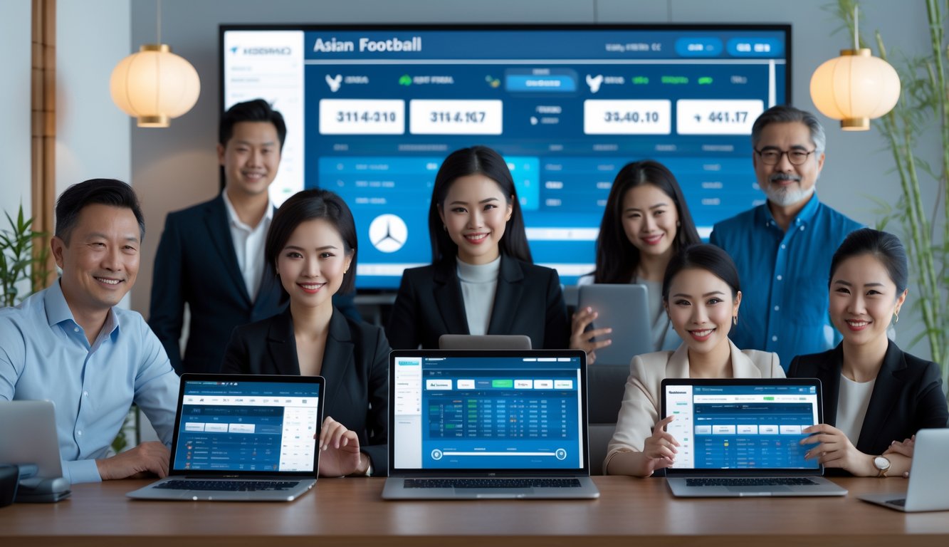 Sekelompok orang dewasa menggunakan perangkat digital untuk taruhan sepak bola online dalam suasana yang aman dan profesional dengan sentuhan dekorasi Asia.