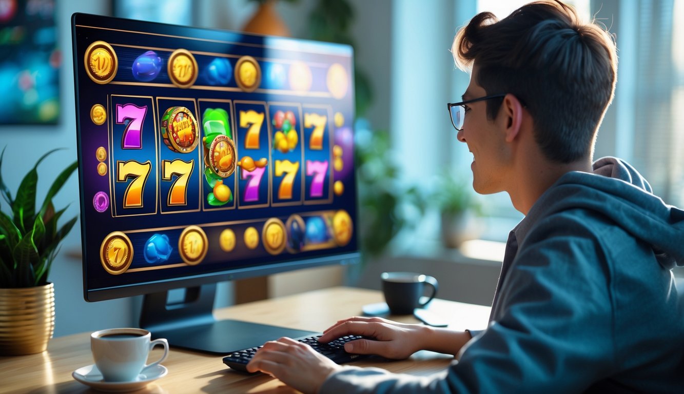 Seorang dewasa muda sedang bermain permainan slot online di komputer di ruang kerja dengan pencahayaan alami.