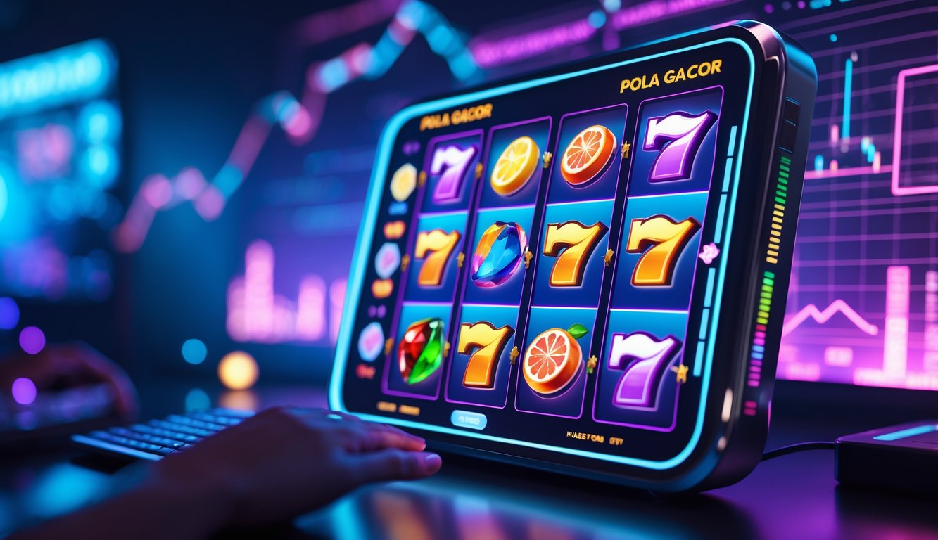 Layar komputer menampilkan permainan slot online dengan simbol berwarna-warni dan grafik data di sekitarnya.