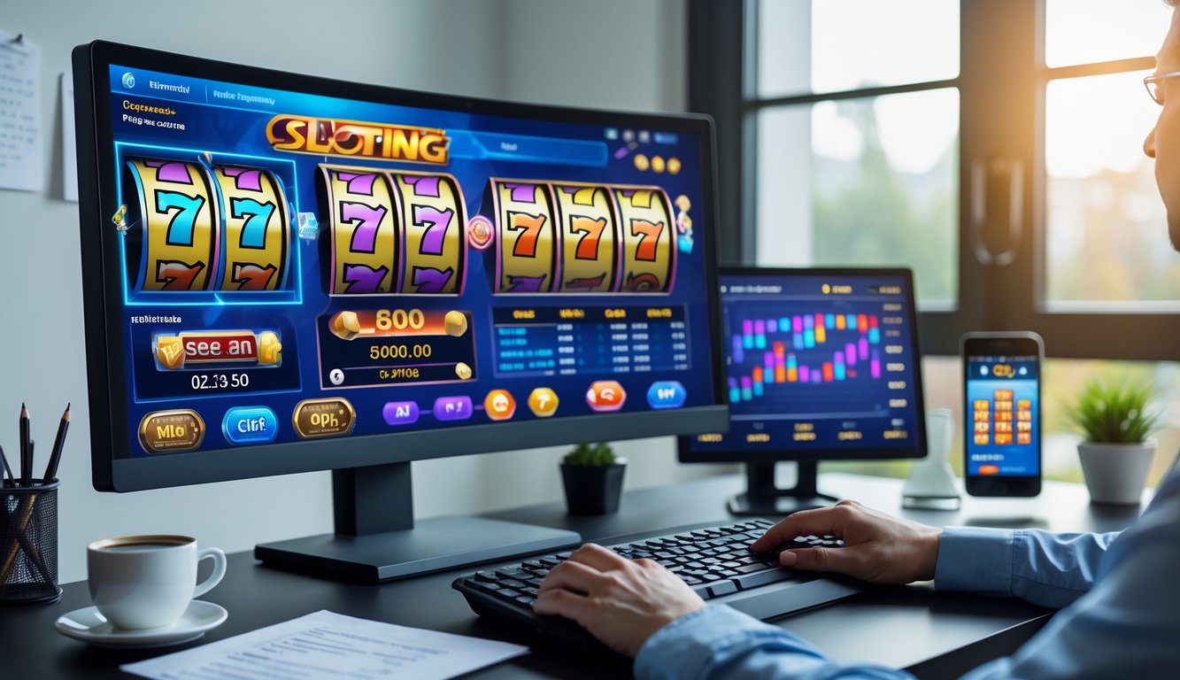 Seseorang sedang bekerja di meja dengan komputer yang menampilkan grafik mesin slot dan analisis pola, di ruang kerja yang rapi.