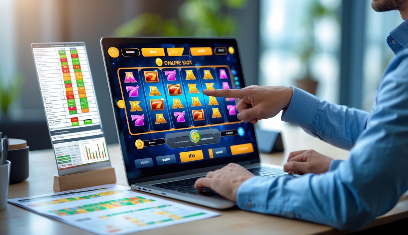 Seorang pria duduk di depan laptop dengan tampilan permainan slot online dan catatan pola di meja, fokus pada analisis strategi permainan.