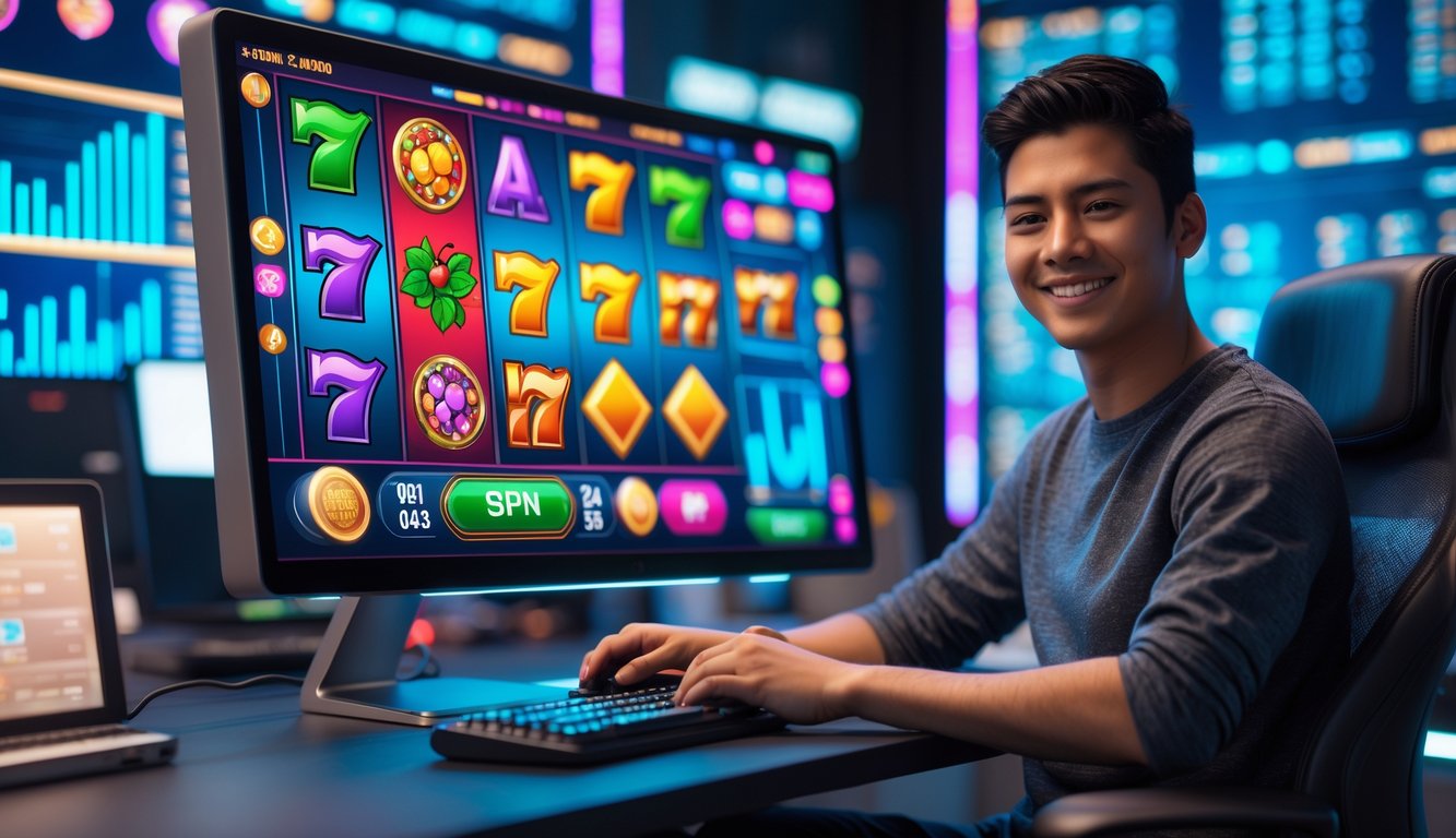 Seorang pemain muda duduk di depan komputer dengan permainan slot online yang berwarna-warni di layar, terlihat fokus dan senang dalam suasana digital modern.