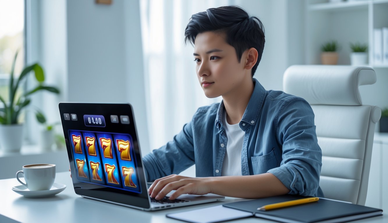 Seorang dewasa muda duduk di meja dengan laptop, fokus bermain permainan slot online di ruang kerja yang terang dan rapi.