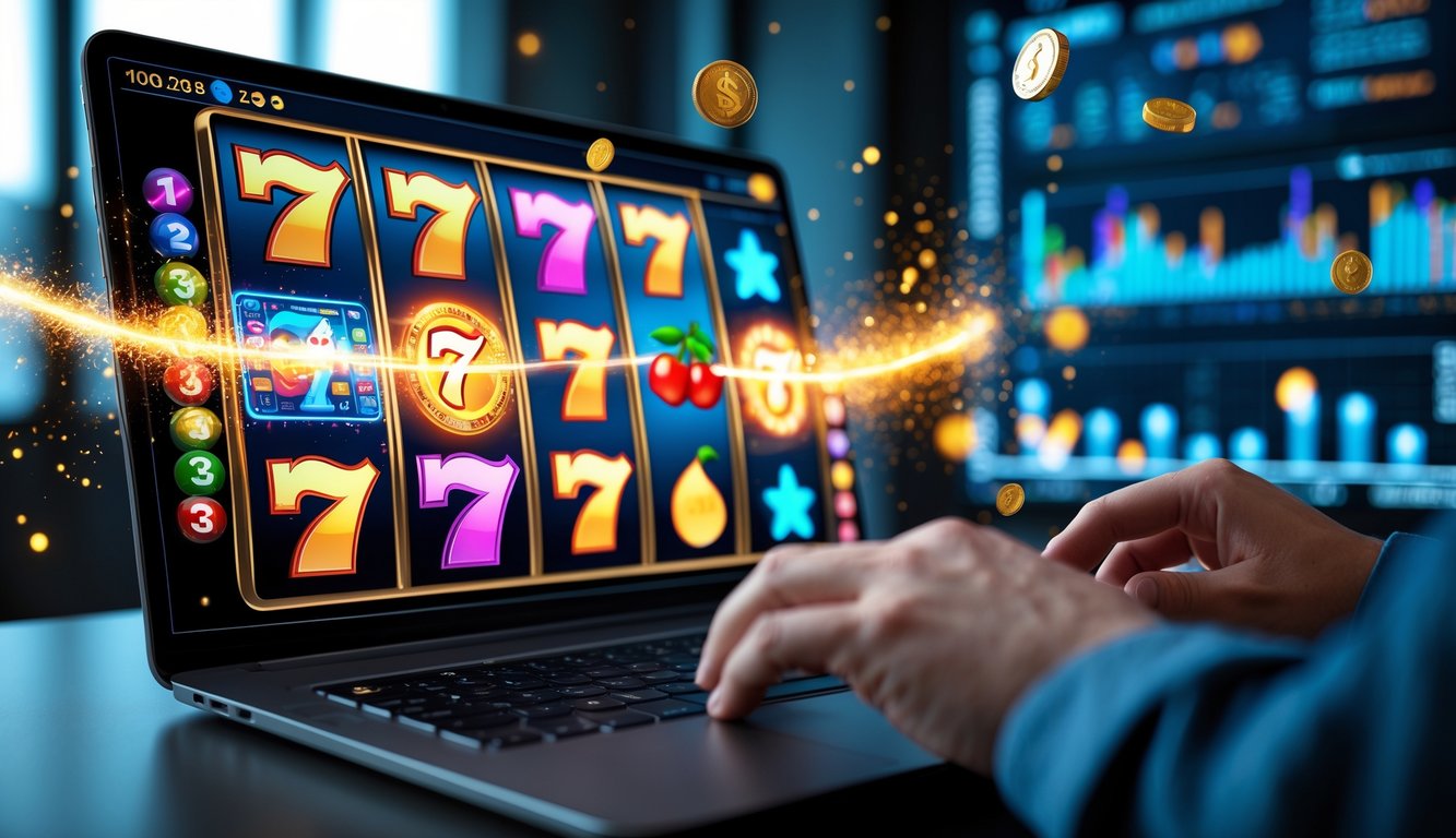 Seseorang menggunakan perangkat digital dengan tampilan mesin slot berwarna cerah dan efek cahaya emas yang melambangkan kemenangan besar.