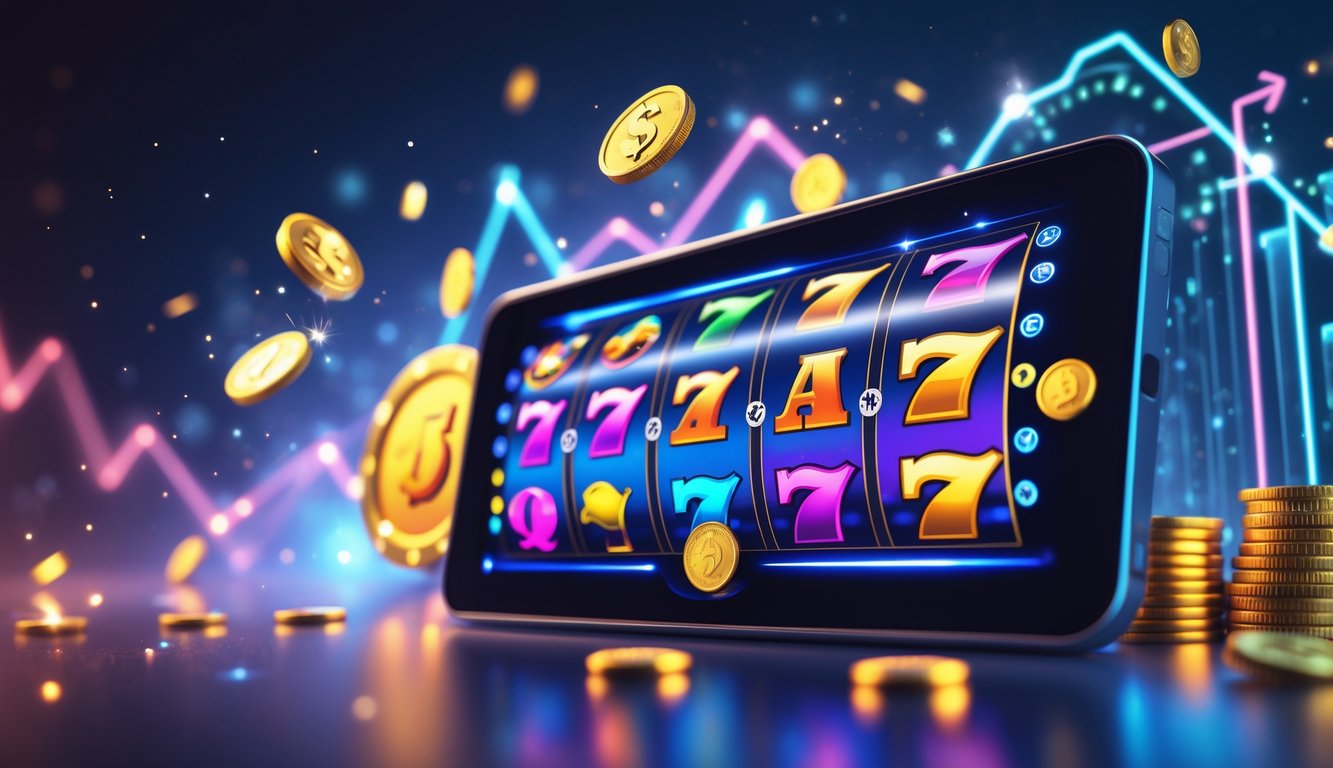 Layar perangkat digital menampilkan mesin slot online modern dengan gulungan berwarna-warni yang berputar, latar belakang suasana kasino futuristik dengan lampu dan efek kemenangan.