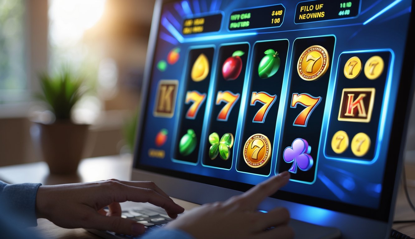 Seseorang menggunakan perangkat digital untuk bermain mesin slot online dengan simbol buah dan koin di layar.